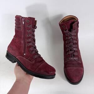 Taos Renegade Combat Boot Womens 7.5 Red Suede Lace-Up Block Heel Cap Toe